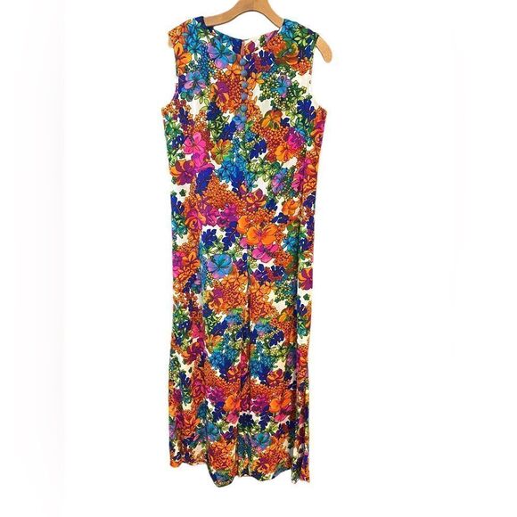 ‘70s Vintage Beige Néon FlowerPower Button Front Wide Leg Sleeveless Jumpsuit - Picture 1 of 10